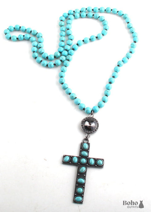 Boho Necklace, RH Precious Blue Lava Stone, Cross